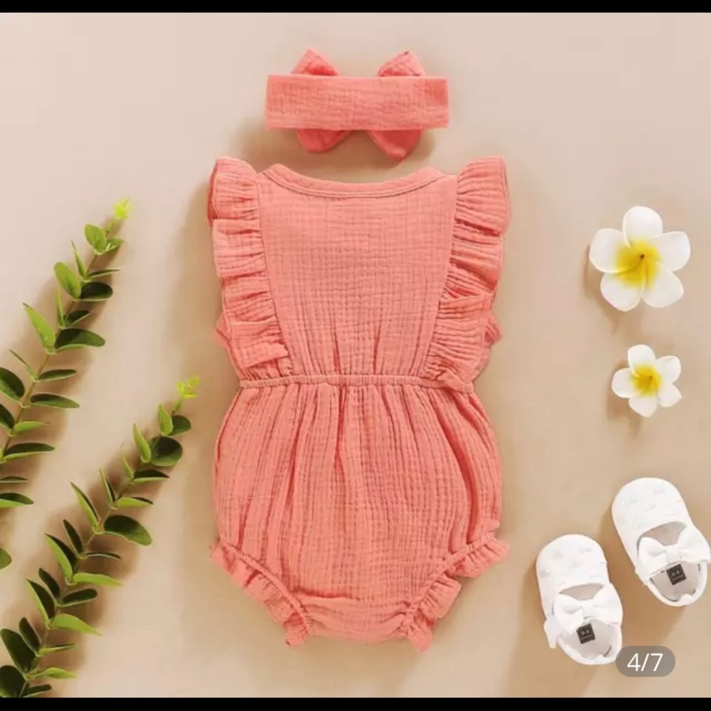 Baby girls linen romper with matching headband - Picture 6 of 8